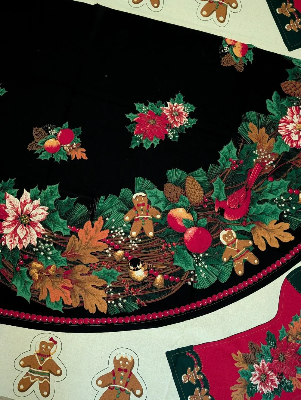 VTG Joan Kessler Concord Fabric 2 Panels Tree Skirt Stocking Cut Sew